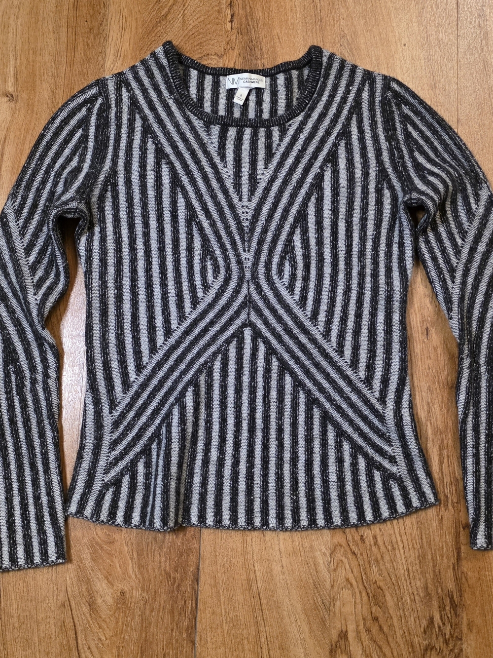 Neiman Marcus Cashmere Black & Grey Striped Tight Knit Sweater